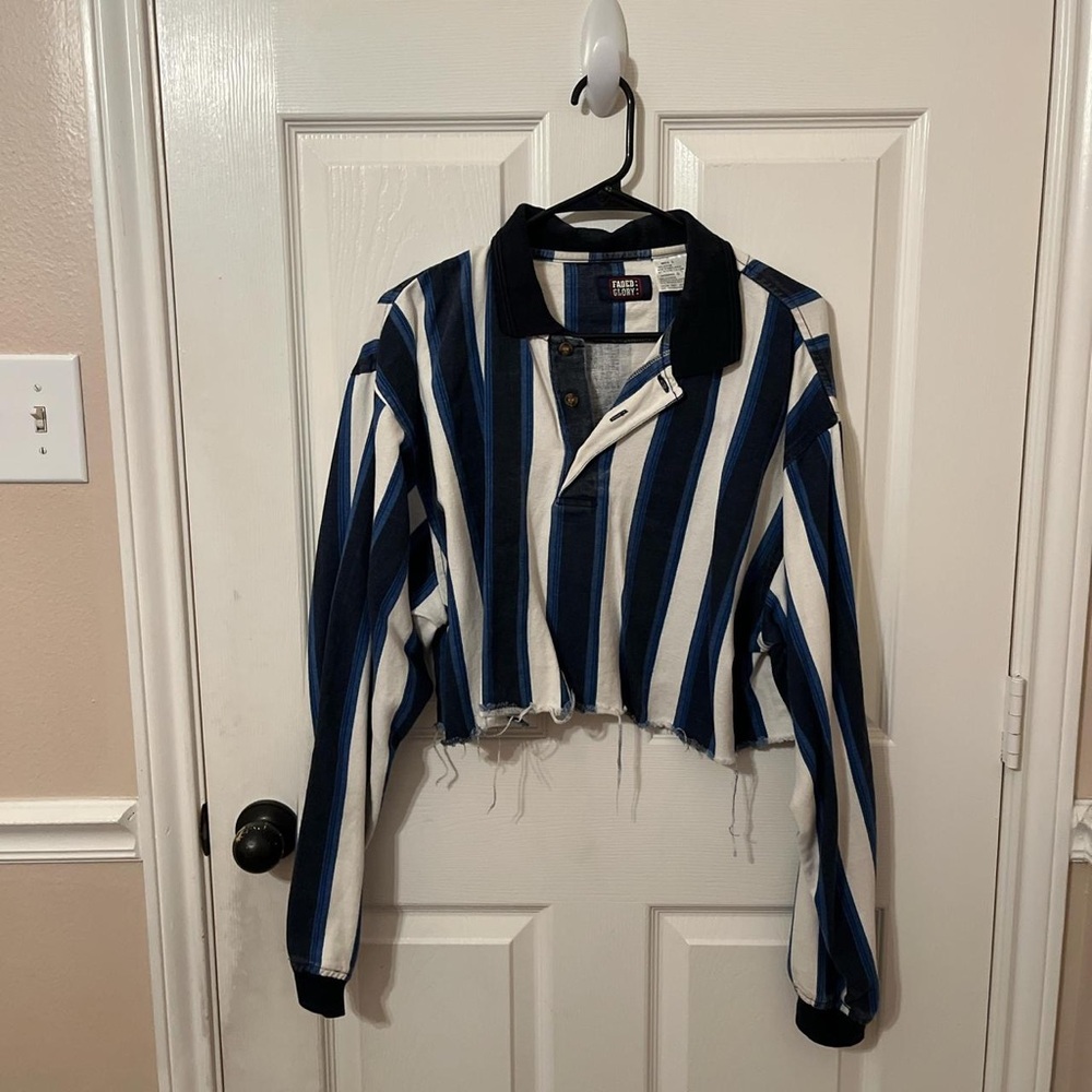 Faded Glory Navy and White Striped Cropped Polo